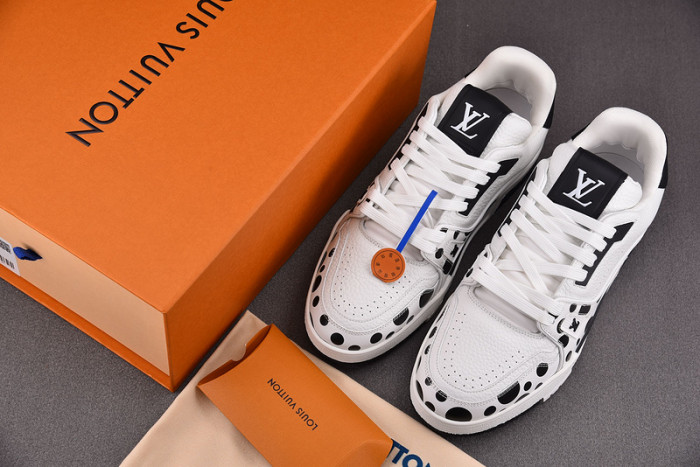 l&v x yayoi kusama trainer white black